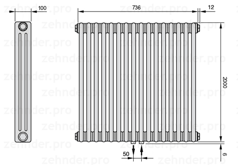 Схема (чертеж) Радиатор Zehnder Charleston 3200/16 №5410 Белый глянцевый RAL 9016